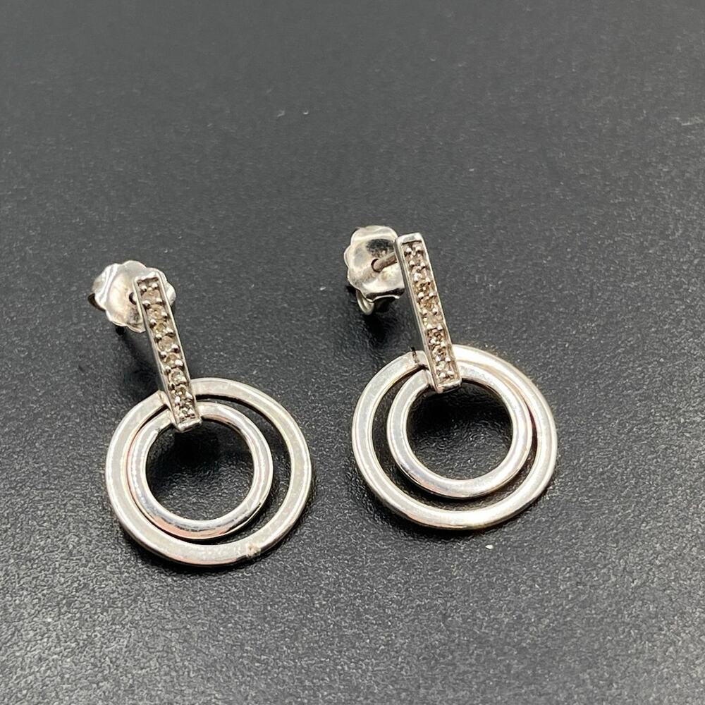 Designer Sterling Silver Pave White Sapphire Double Hoop‎ Pierced Earrings